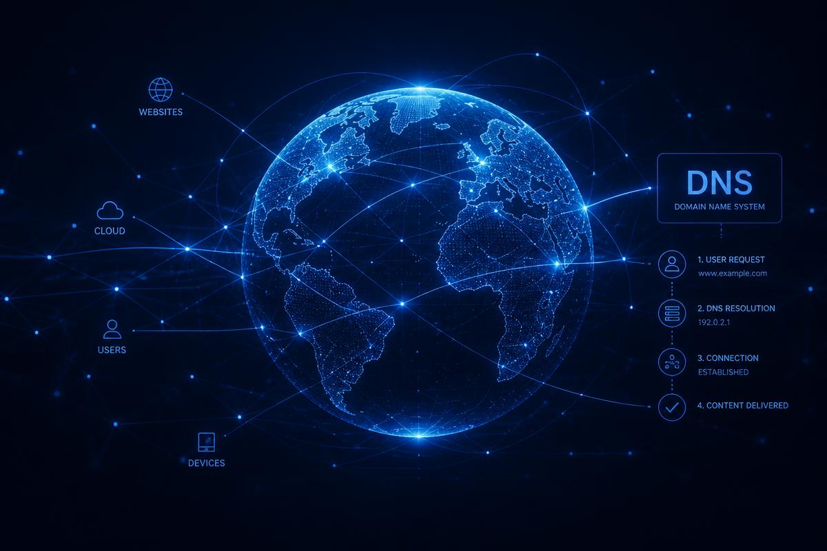 Globo digital luminoso com ligações de rede a representar o sistema DNS