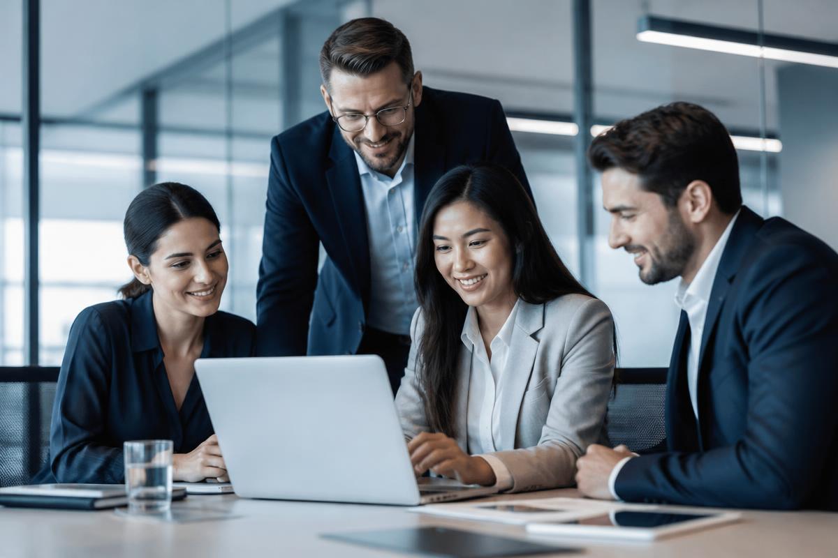 Equipa empresarial a colaborar em torno de um computador portátil num escritório moderno